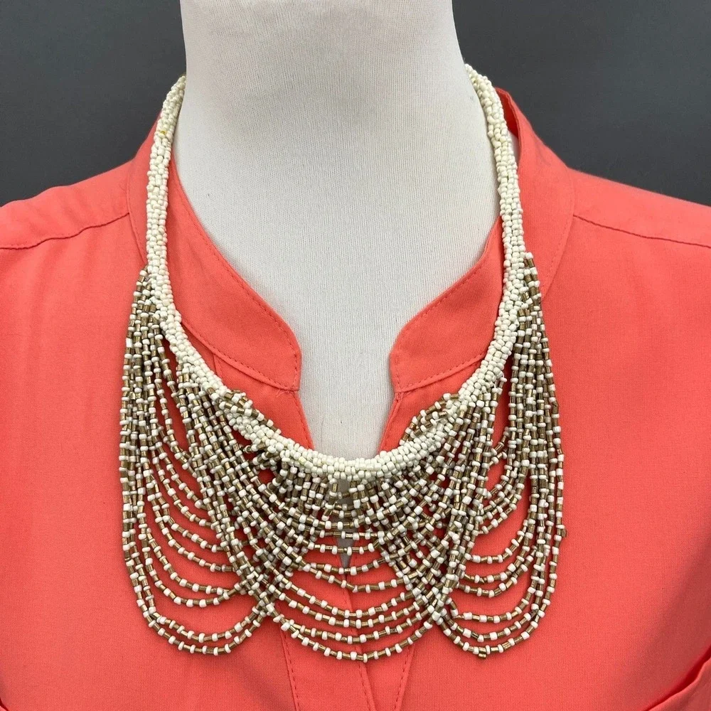 Ivory‎ Gold-tone Seed Beads Beaded Women's Fashion Necklace NWOT